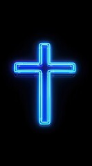 Fototapeta premium A glowing Blue Neon Cross on a Black Background