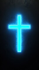 Fototapeta premium A glowing Blue Neon Cross on a Black Background