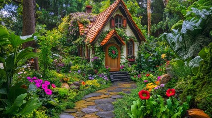Little house garden: fairytale cottage with floral path 