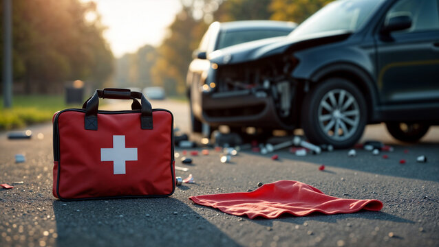 First aid kit on road after car accident