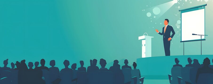 A man is standing in front of a large audience