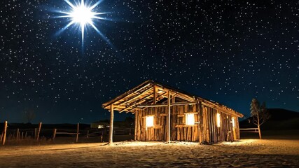 Starry night sky over a rustic wooden cabin illuminated by bright lights in a serene landscape - Powered by Adobe