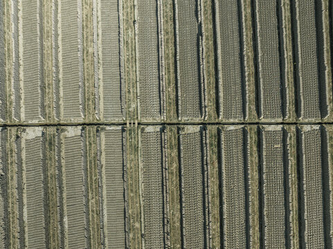 Aerial view of industrial brick fields with geometric patterns and earthy tones, Suti Para Union, Dhamrai, Dhaka, Bangladesh.