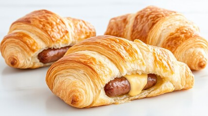 Flaky croissants with sausage and melted cheese filling, perfect for breakfast or brunch. Savory pastry delight.