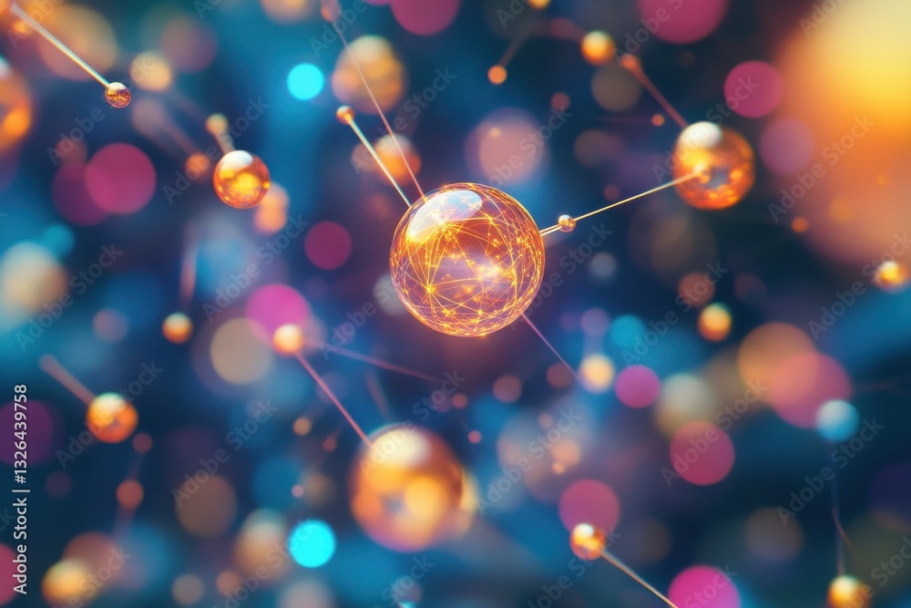 Poster Colorful digital representation of connected spheres illustrating molecular or atomic structure in a vibrant abstract setting