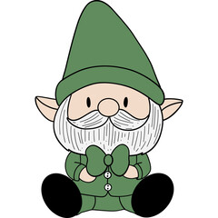 Gnome St. patricks day theme, A cute, cartoonish gnome with a green hat and bow tie, sitting down with a friendly expression.