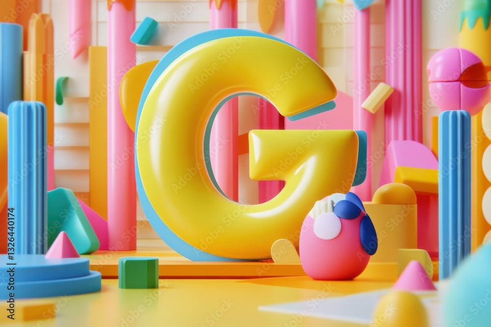 Poster colorful and playful artistic arrangement featuring a large yellow letter g and a small pink charact