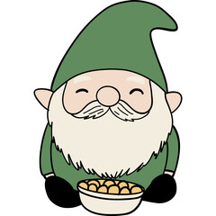 Gnome St. patricks day theme, Cheerful gnome with a bowl of treats, wearing a green hat and gloves, smiling happily.