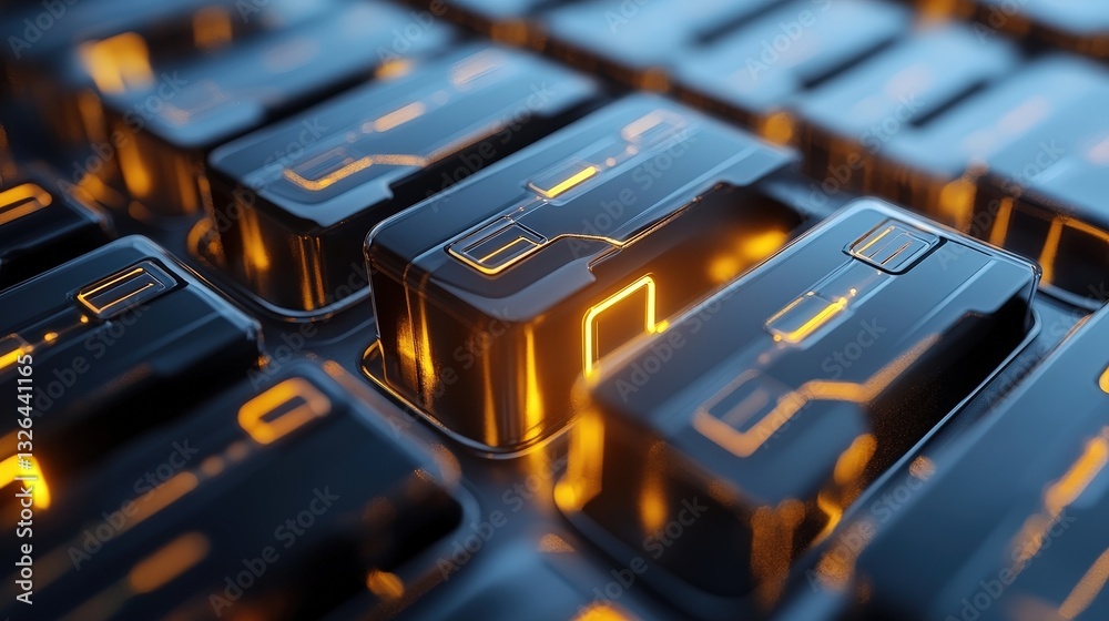 Poster a close-up view of illuminated keyboard keys with a futuristic design, showcasing glowing edges and 