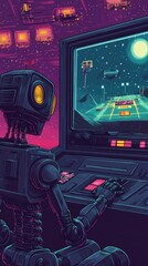Obraz premium A futuristic robot playing a game on a computer console