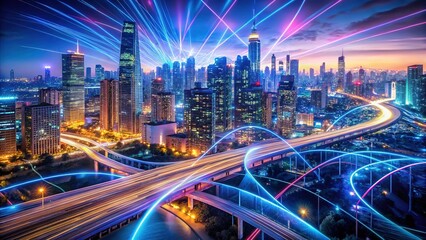 Fototapeta premium Metropolis's illuminated cityscape channels data, a dynamic, futuristic exchange.
