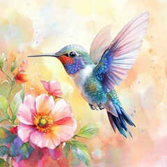 Obraz premium Watercolor Hummingbird and Flower Painting