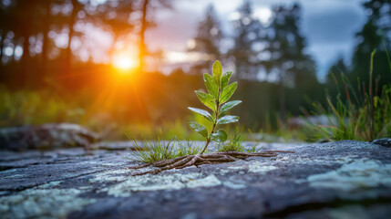 Sustainable urban forest planning, small plant with roots growing through cracks in rock at sunset