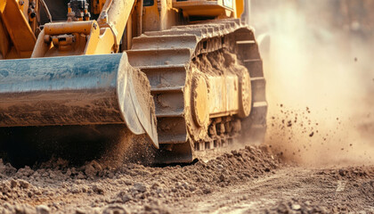 Front shovels and blades of heavy machinery work on the construction site, kicking up dust in the golden light of late afternoon. The powerful equipment is key to earth moving