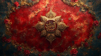 Ornate Red Background with Gold Floral Motifs and Calligraphy