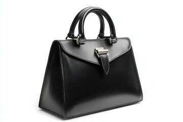 Stylish black leather handbag with top-handle design isolated on white