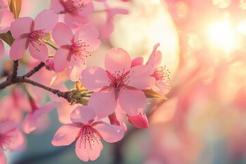 Obraz premium Morning light illuminates cherry blossoms in pastel tones