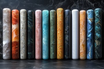 Elegant display of polished stones in various colors and patterns arranged in a vertical alignment