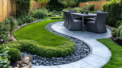 Obraz premium Serene outdoor dining space nestled within a meticulously landscaped garden. Curved pathways, manicured grass, and decorative stone borders create a tranquil atmosphere, ideal for relaxation