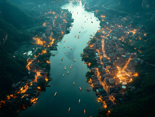 Obraz premium Serene river village at dawn