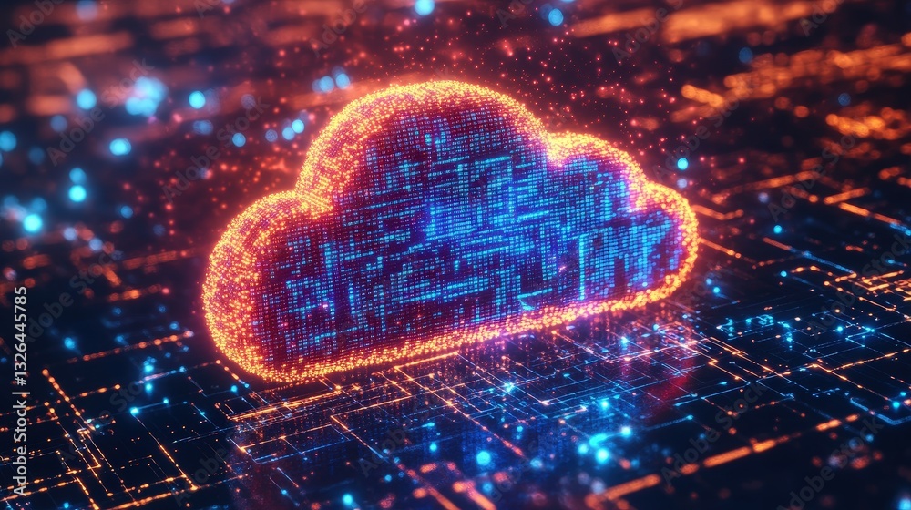 Poster a digital illustration of a glowing cloud symbol representing cloud computing, surrounded by a netwo