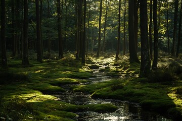 Obraz premium spotlight quiet blend of beam and dusk in a peaceful view of a mossy forest bed with a mild brook passing through it 