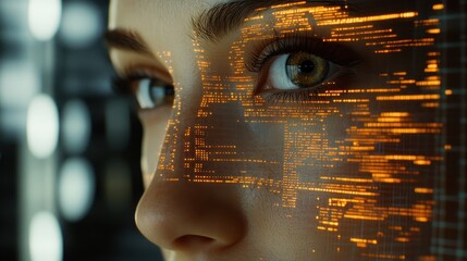 Close-Up Portrait of Woman with Digital Overlay on Face and Eye