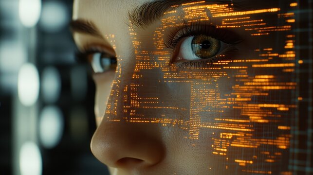 Close-Up Portrait of Woman with Digital Overlay on Face and Eye