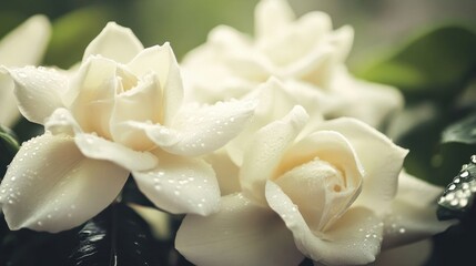 Soft white gardenias with raindrops.
