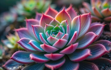 Fototapeta premium Close-up of Colorful Echeveria Succulent Plant Blooming in Garden