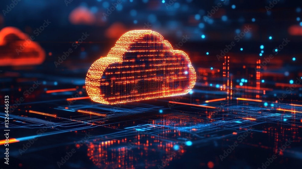 Poster a digital cloud symbol over a network of glowing data points, representing cloud computing and techn