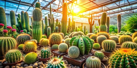 Obraz premium Luminous desert blooms thrive under glass: a photographic exploration of cultivated cacti.