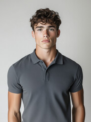 Obraz premium Male Model Wearing Gray Polo Shirt – Mockup for Screen Printing