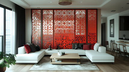 Modern Asian-inspired living room with a vibrant red screen divider.  A spacious, stylish living area, featuring a contemporary sectional sofa, a light-colored wooden coffee table, and a striking