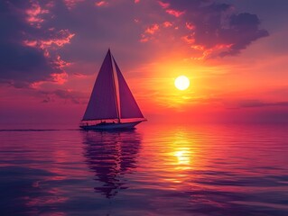Peaceful Sailboat Silhouetted Against Colorful Sunset Over Mirroring Ocean