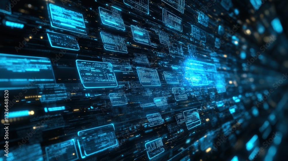 Poster a futuristic digital landscape featuring glowing blue data streams and abstract binary codes, convey