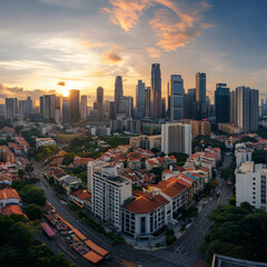 Naklejka premium Sunrise cityscape aerial view