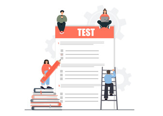 People writing test, teamwork concept, study exam, flat vector illustration
