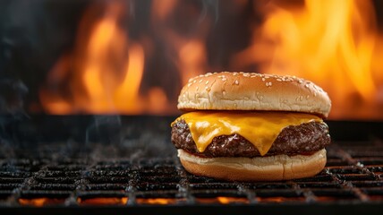 Juicy cheeseburger grilling over open flames, perfectly melted cheese and toasted bun, sizzling meat on barbecue.