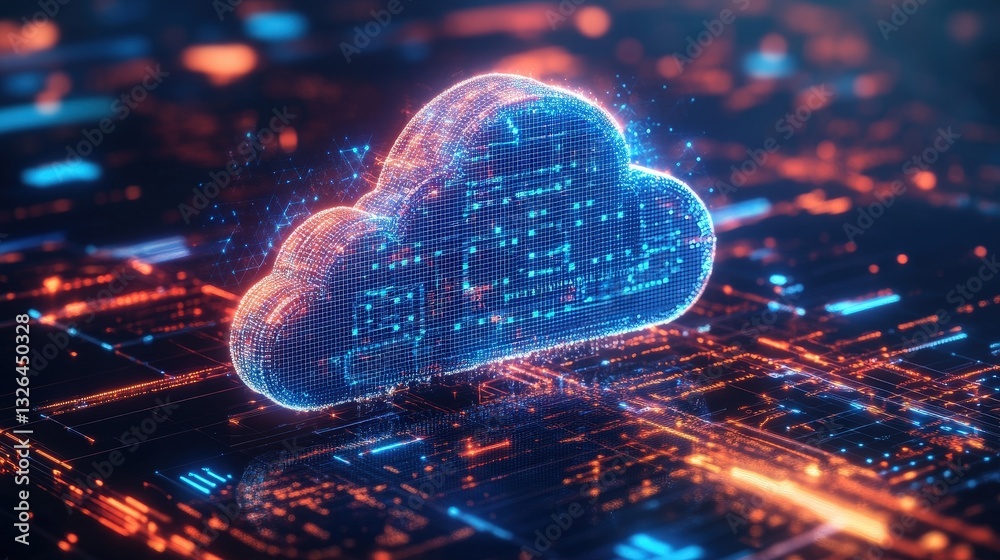 Poster a digital representation of a cloud, symbolizing cloud computing, surrounded by glowing data streams