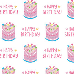 Cute birthday cake seamless pattern, vector illustration featuring pink cakes, hearts, and text for party decor, gift wrapping, and greeting cards