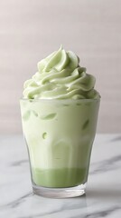 Delicious Matcha Latte with Whipped Cream, Refreshing Iced Green Tea Drink