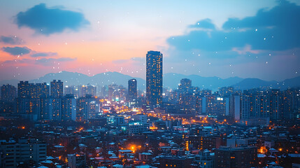 Obraz premium Snowy city skyline at twilight