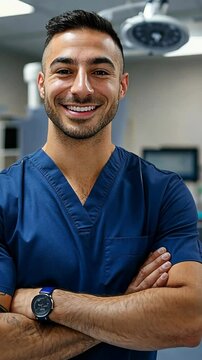 Smiling healthcare professional in scrubs at a medical facility during daytime