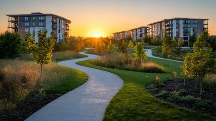 Sunset over modern apartments and park path
