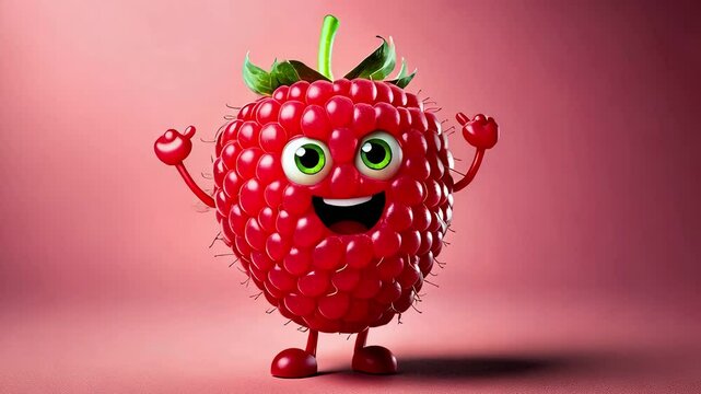 Cartoon raspberry dancing on pink background. Organic food. Healthy food.