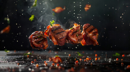 grilled bacon floating over grill, food photography