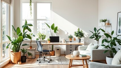 Fototapeta premium Biophilic Home Office Oasis: Plants Boost Productivity