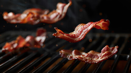 grilled bacon floating over grill, food photography