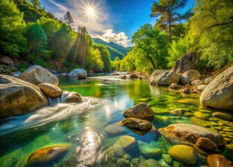 Provence's crystalline stream rushes past boulders, a Bedoin landscape masterpiece.